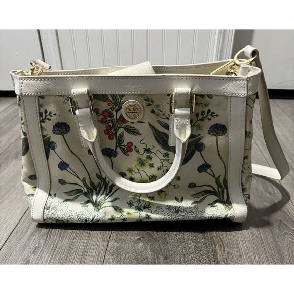 Tory Burch watercolor botanical print Robinson canvas triangle tote handbag - Picture 2 of 9